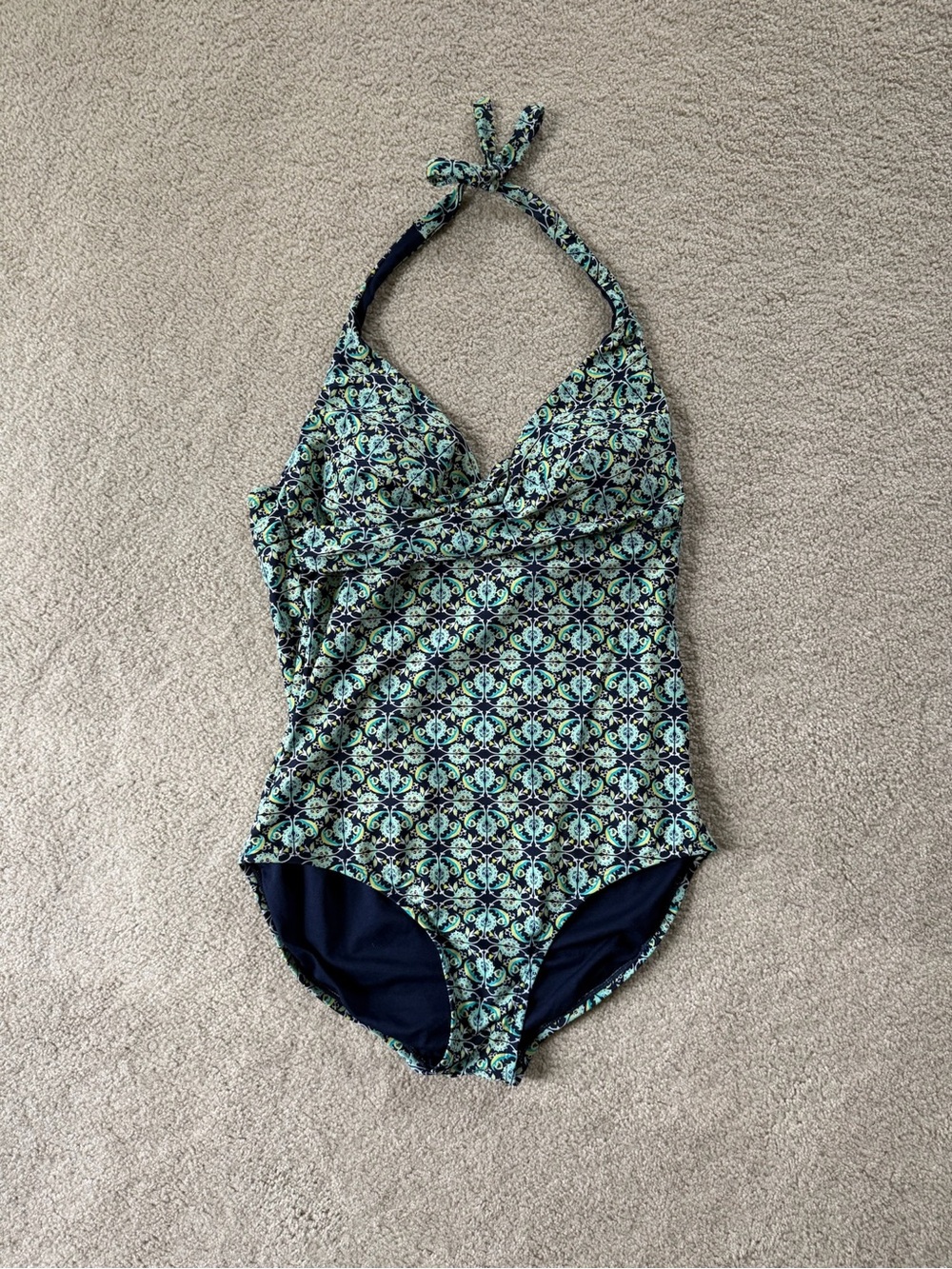 Merona Green and Navy Patterned Halter One-Piece Swimsuit Large